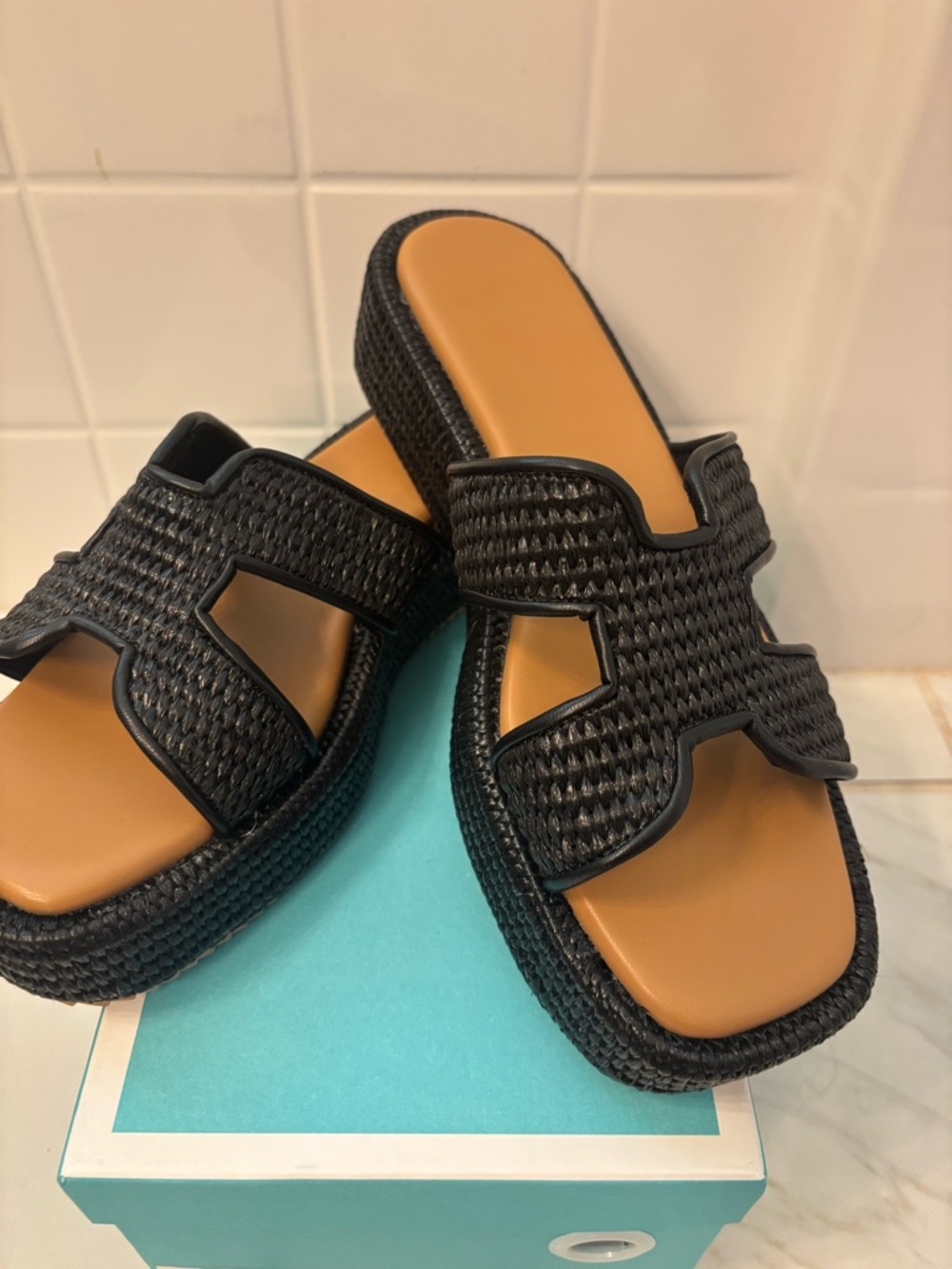 Woven Black Slide Sandals with Tan Footbed